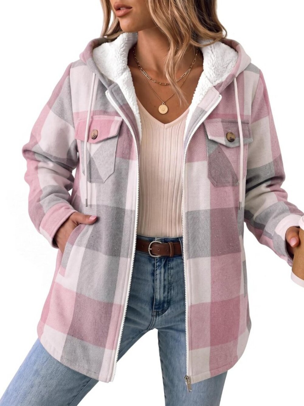 Cozy Plaid Flannel Shacket with Fleece Lining & Hood - Winter Jacket for Women